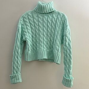 Cozy Mint Cable Knit Turtleneck Sweater
